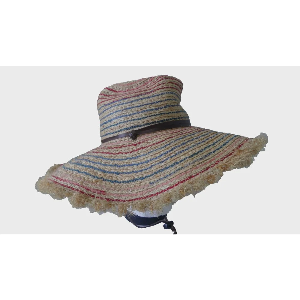Kate Landry Wide Brim Straw Hat‎ Summer Hat Colorful Thread Leather Chin Strap